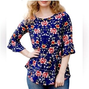 RED LOLLY Navy Top with Multi-Colored Floral Print and 3/4 Trumpet Sleeves